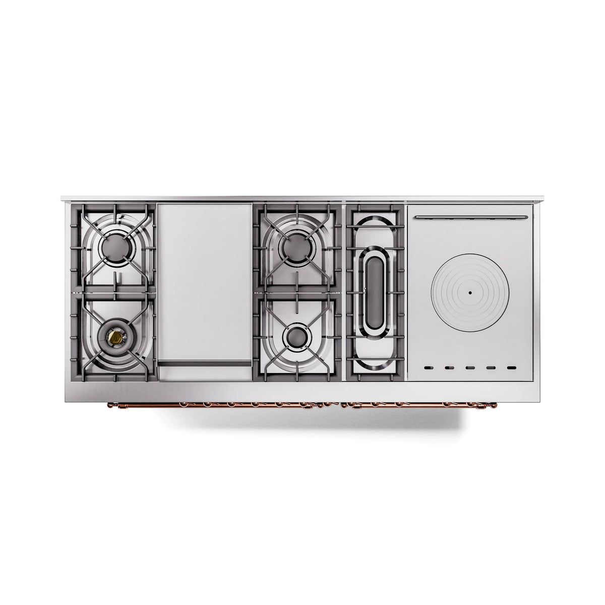 Glossy black dual fuel range with copper-trim control panel and sealed burners