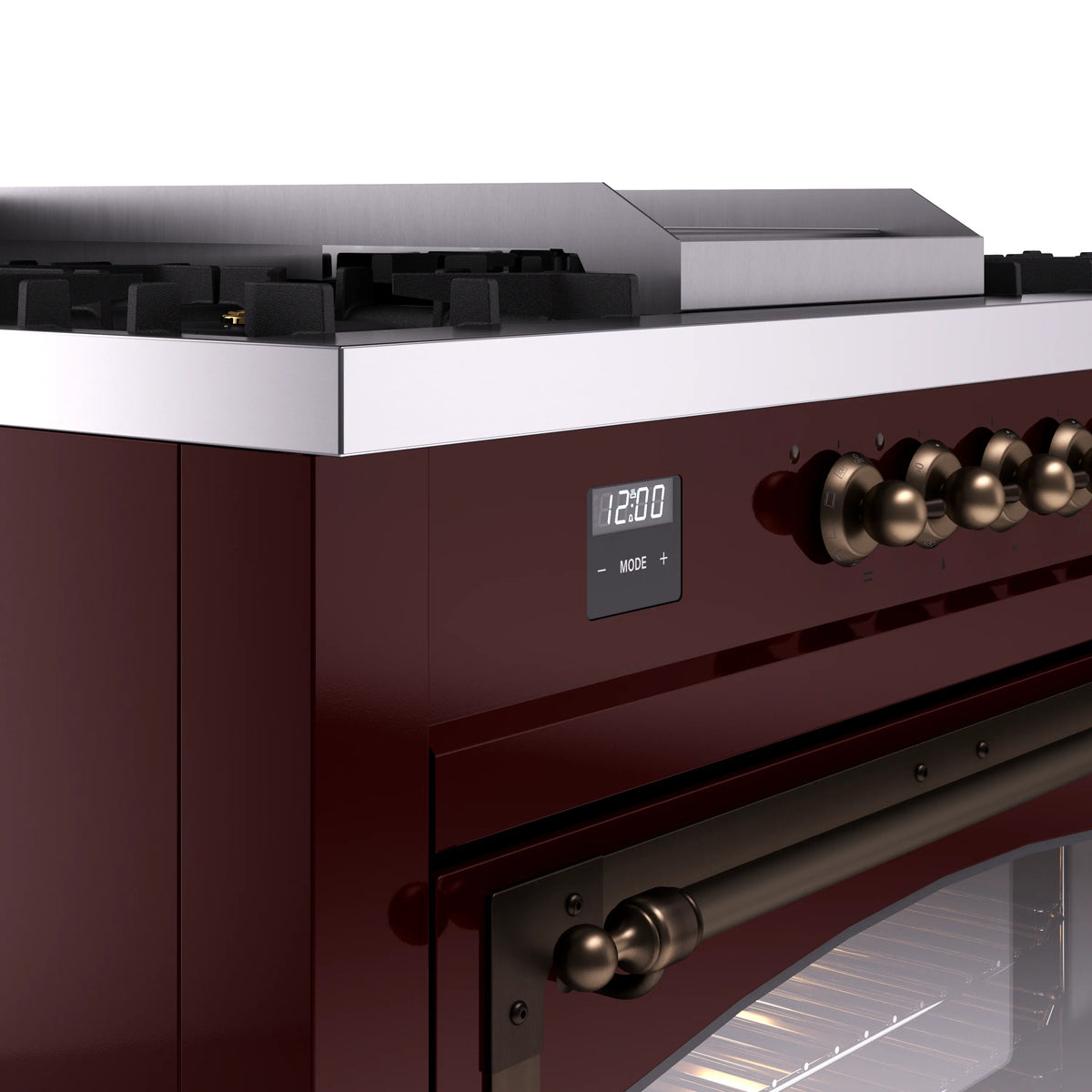 Burgundy range control panel with digital display and bronze knobs; oven door below.
