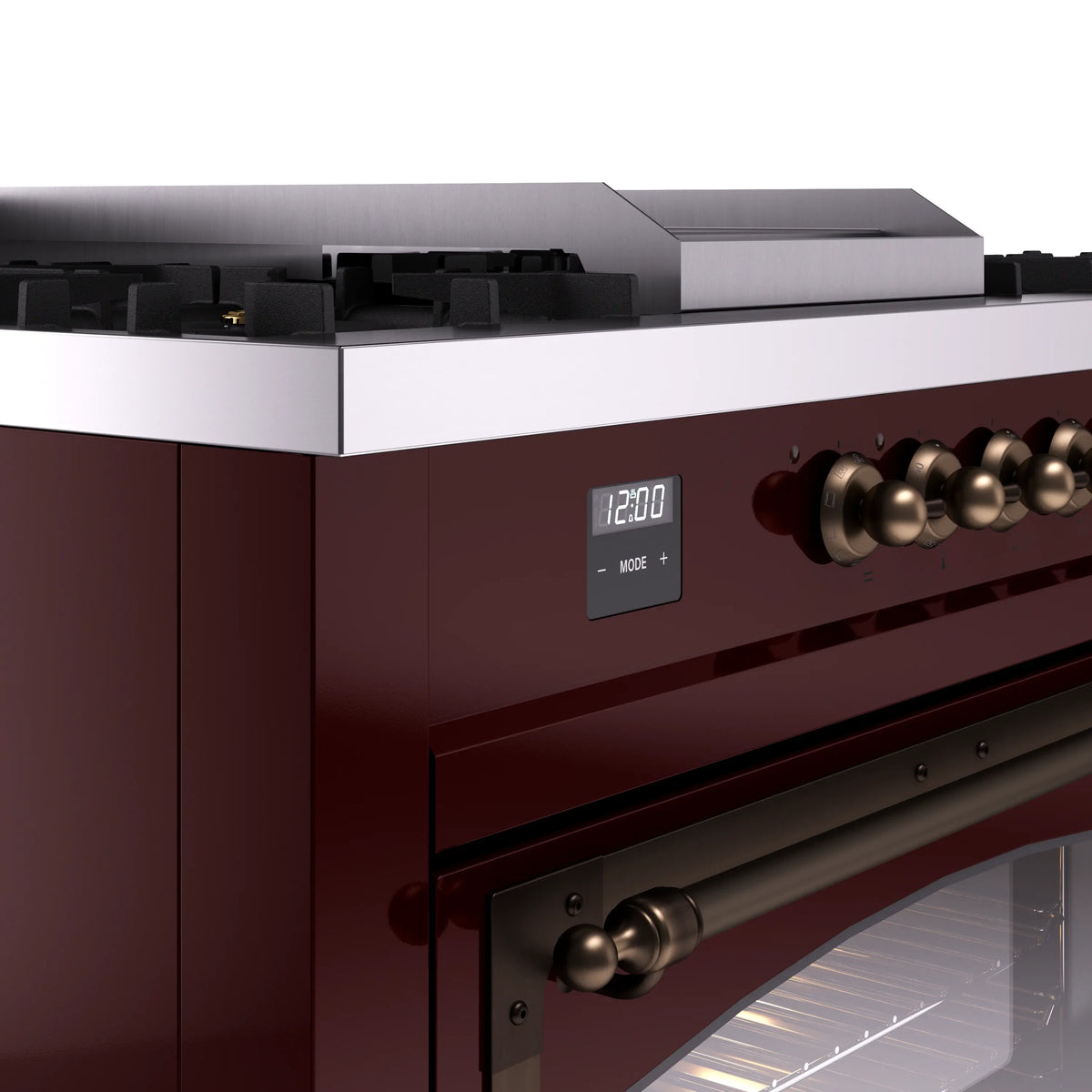 Burgundy dual fuel range side control panel with digital display and brass knobs