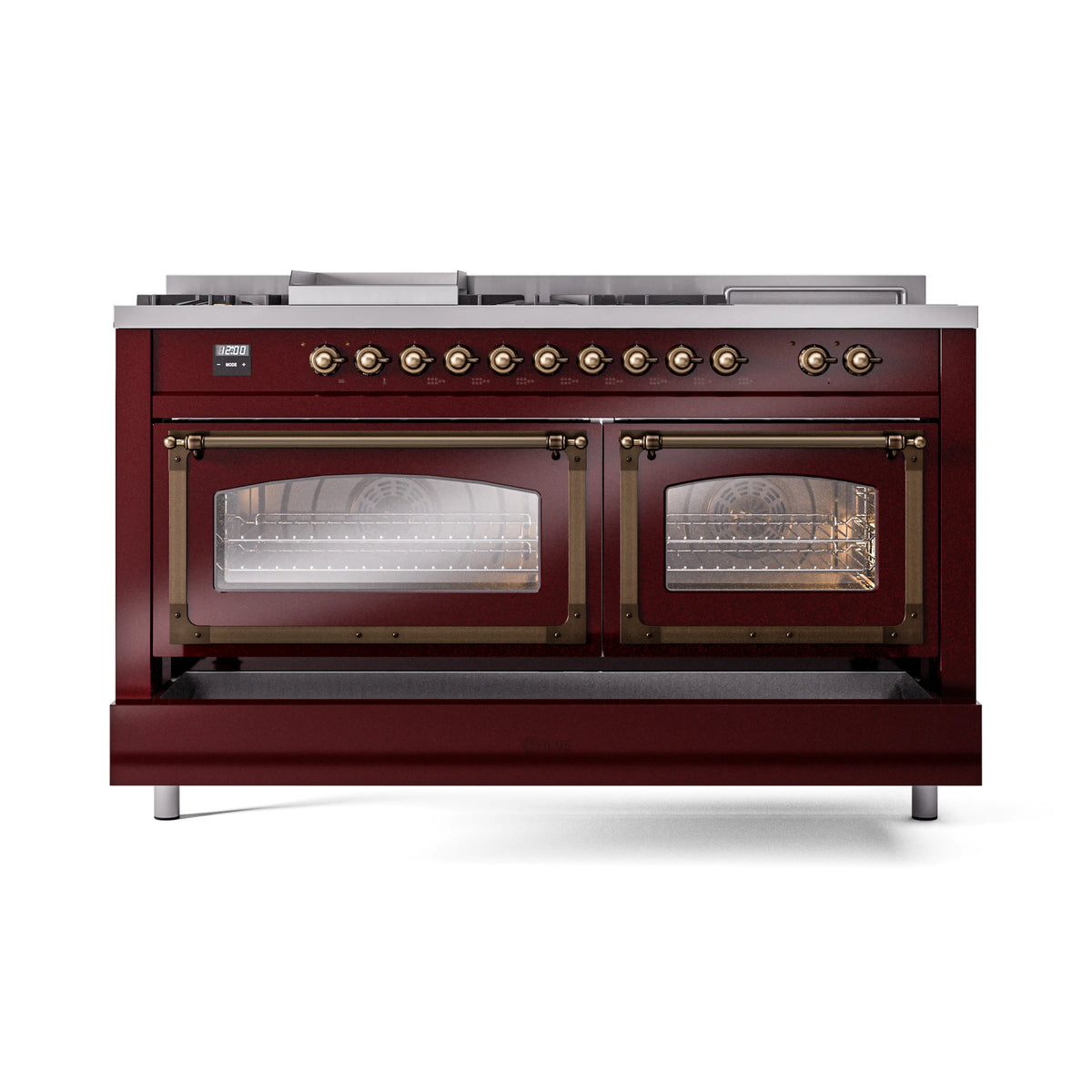 Burgundy range with dual oven doors and glass windows; bronze-trimmed knobs on front.