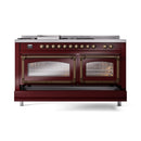 ILVE 60-Inch Nostalgie II Noblesse Natural Gas Dual Fuel Range with 7 Sealed Burners, Griddle, French Top and Triple Glass Door Oven in Burgundy with Bronze Trim (UN60FSNMPBUB)