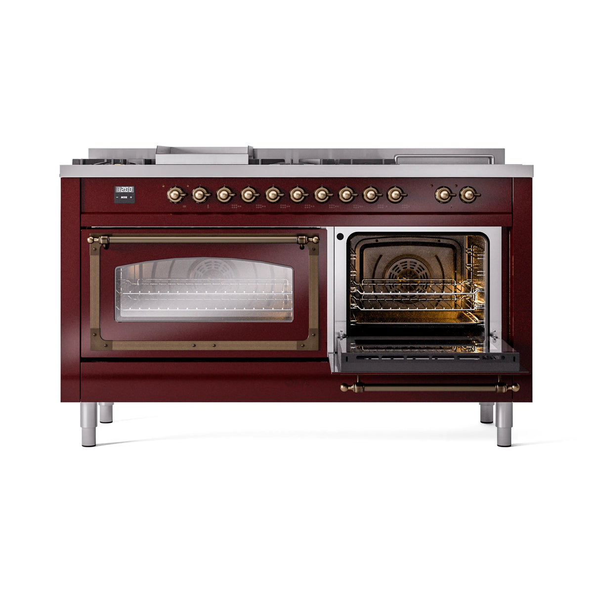 Burgundy dual oven range with one oven open; bronze trim and glass door detail.