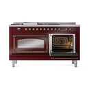 ILVE 60-Inch Nostalgie II Noblesse Natural Gas Dual Fuel Range with 7 Sealed Burners, Griddle, French Top and Triple Glass Door Oven in Burgundy with Bronze Trim (UN60FSNMPBUB)