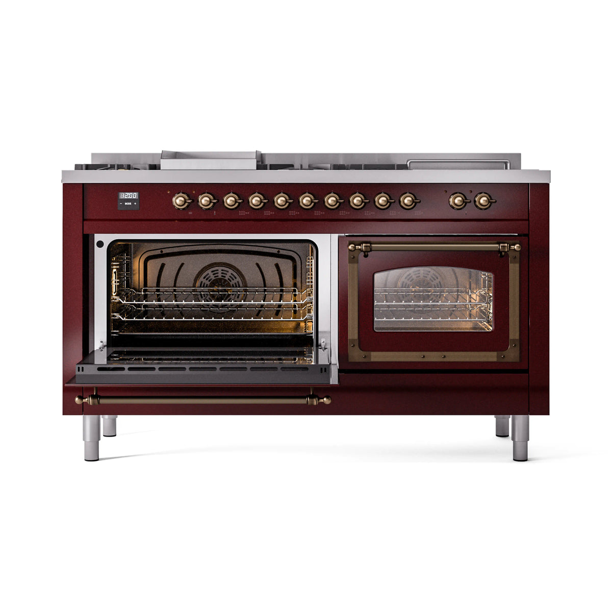 Burgundy range with both ovens open; interior racks visible through glass.