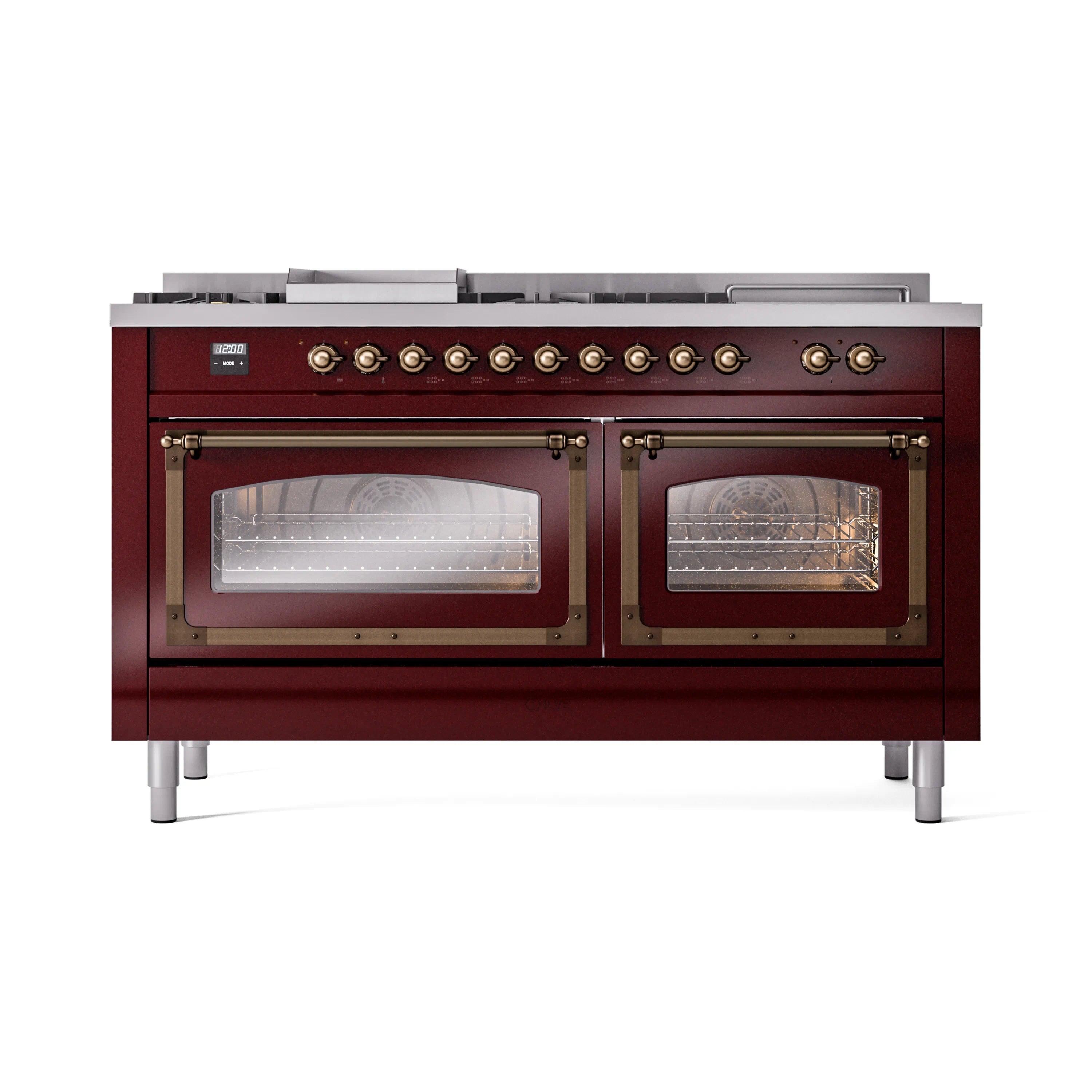 Burgundy dual fuel range front view with two oven windows and brass control knobs