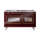 ILVE 60-Inch Nostalgie II Noblesse Natural Gas Dual Fuel Range with 7 Sealed Burners, Griddle, French Top and Triple Glass Door Oven in Burgundy with Bronze Trim (UN60FSNMPBUB)