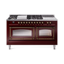ILVE 60-Inch Nostalgie II Noblesse Natural Gas Dual Fuel Range with 7 Sealed Burners, Griddle, French Top and Triple Glass Door Oven in Burgundy with Bronze Trim (UN60FSNMPBUB)