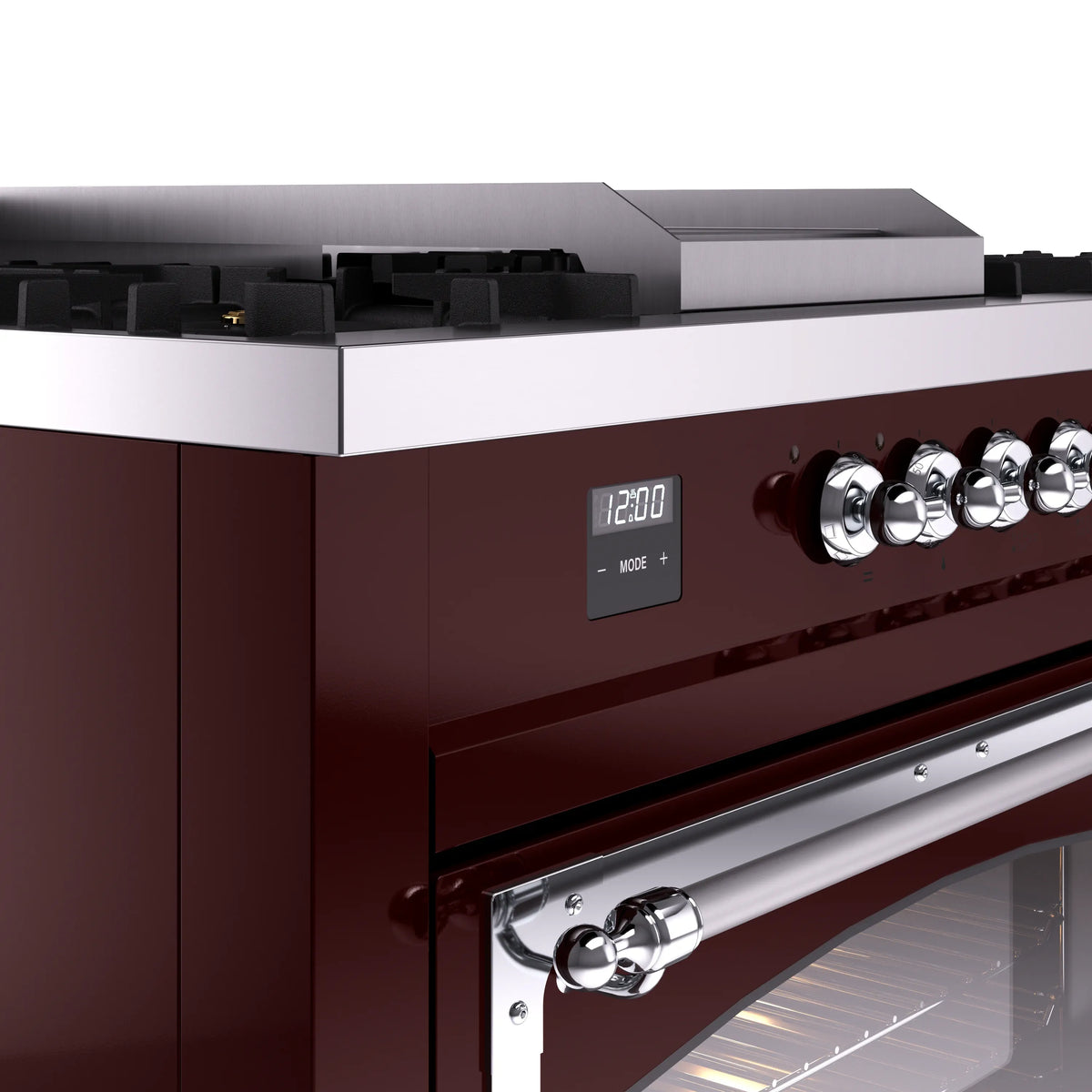 Burgundy dual fuel range control panel with clock display and chrome knob handles