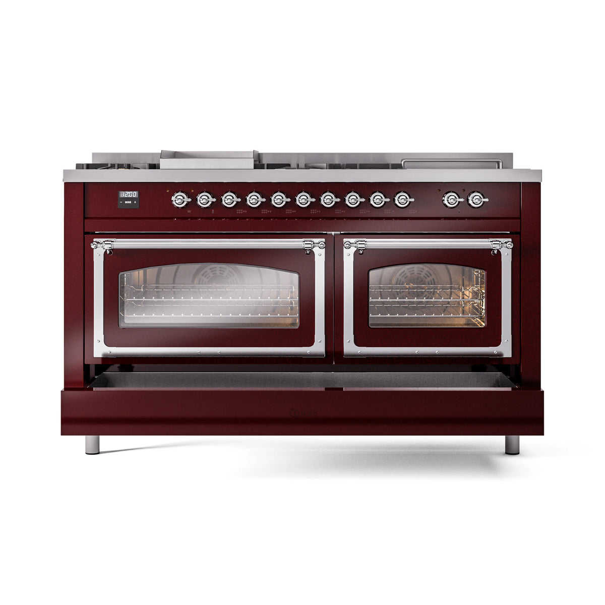 Burgundy ILVE dual fuel range front with two glass oven doors and chrome burner control bar