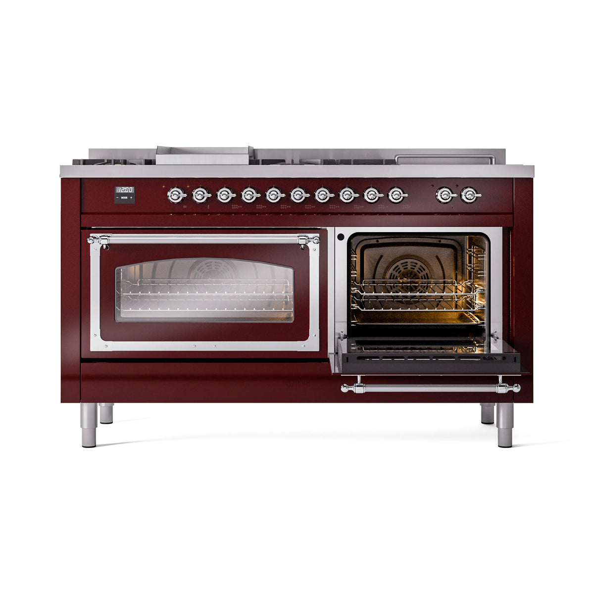 Burgundy ILVE range with left oven door closed and right oven door open, oven racks visible