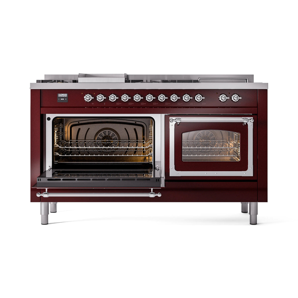 Burgundy ILVE range with both oven doors open, interior heating element and racks visible