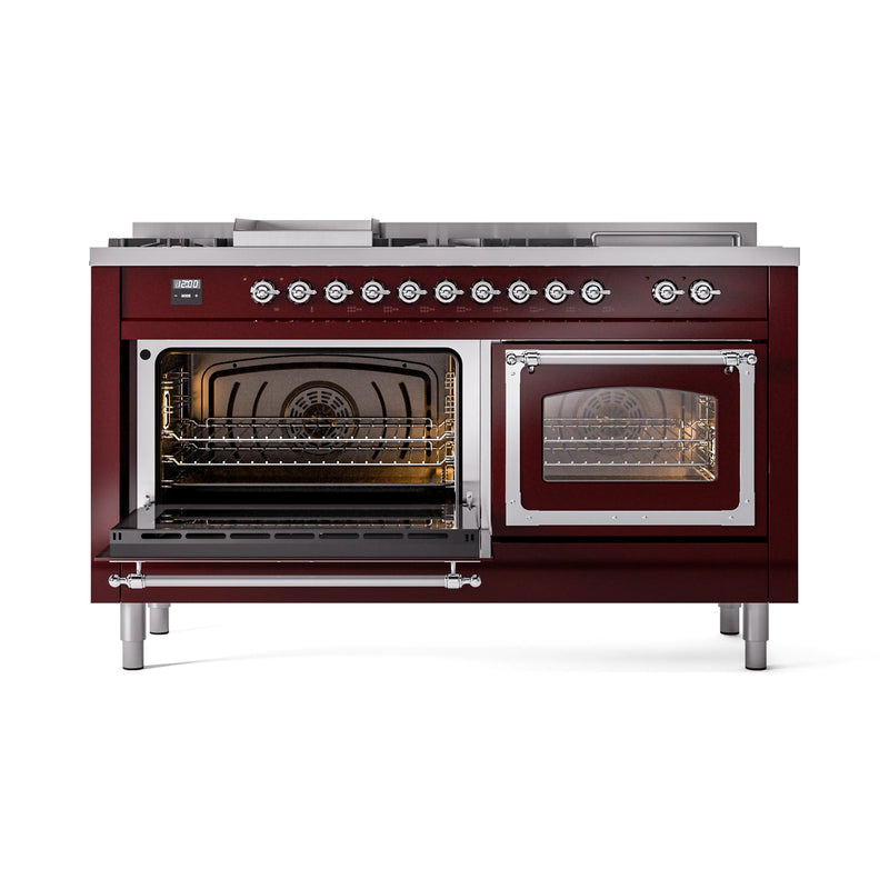 ILVE 60-Inch Nostalgie II Noblesse Dual Fuel Range with 7 Sealed Burners, Griddle, French Top and Triple Glass Door Oven in Burgundy with Chrome Trim (UN60FSNMPBUC)
