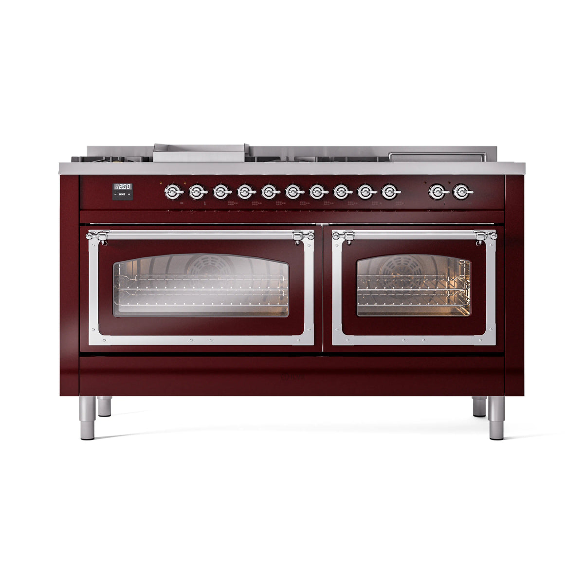 Burgundy ILVE dual fuel range front view with two glass oven doors and chrome burner knobs