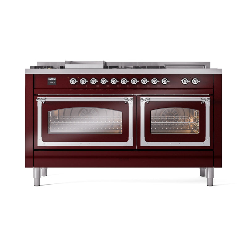ILVE 60-Inch Nostalgie II Noblesse Dual Fuel Range with 7 Sealed Burners, Griddle, French Top and Triple Glass Door Oven in Burgundy with Chrome Trim (UN60FSNMPBUC)