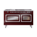 ILVE 60-Inch Nostalgie II Noblesse Natural Gas Dual Fuel Range with 7 Sealed Burners, Griddle, French Top and Triple Glass Door Oven in Burgundy with Chrome Trim (UN60FSNMPBUC)