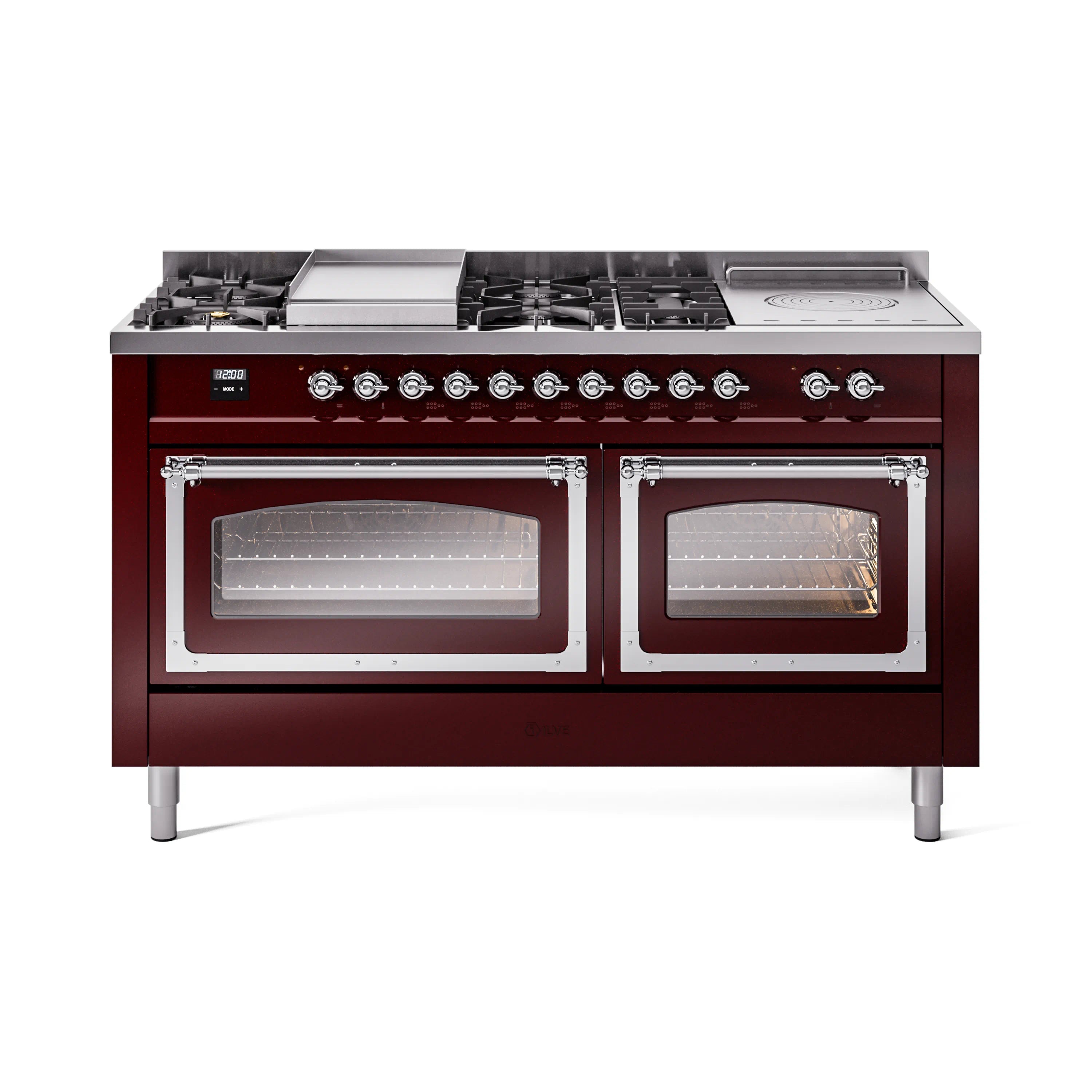 Burgundy ILVE dual fuel range with chrome trim, two oven doors, and front burner knobs