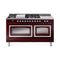 ILVE 60-Inch Nostalgie II Noblesse Natural Gas Dual Fuel Range with 7 Sealed Burners, Griddle, French Top and Triple Glass Door Oven in Burgundy with Chrome Trim (UN60FSNMPBUC)