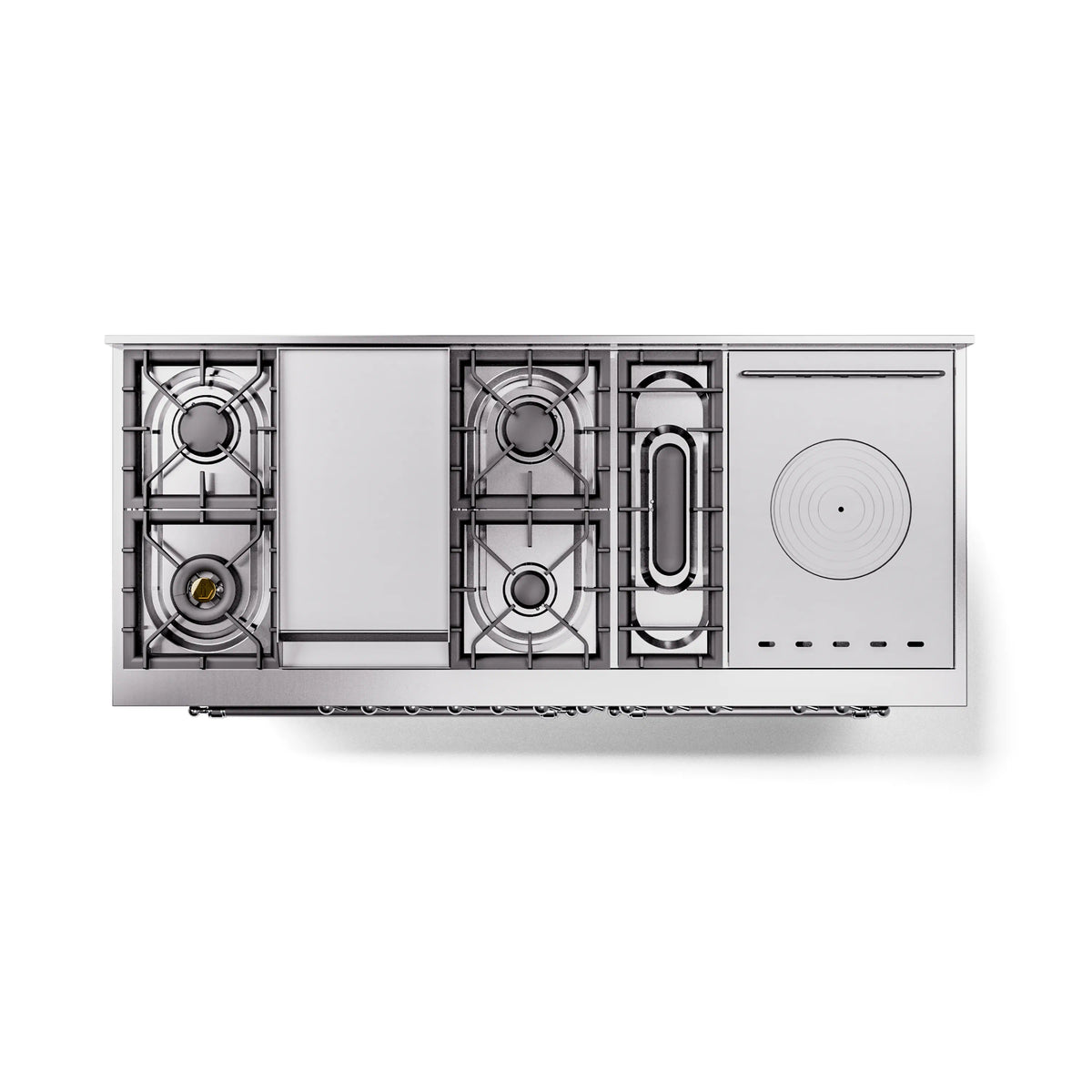 ILVE range cutaway view showing burner grates, center griddle area, and oven components