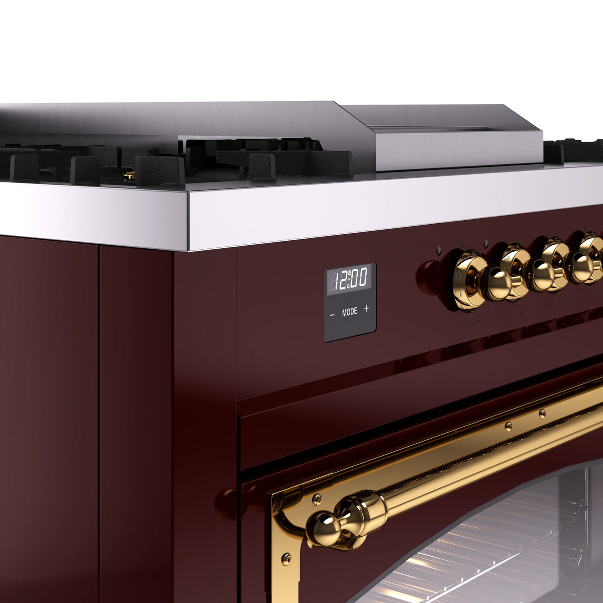 Burgundy dual-fuel range control panel with brass knobs and digital display