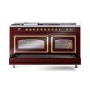 ILVE 60-Inch Nostalgie II Noblesse Natural Gas Dual Fuel Range with 7 Sealed Burners, Griddle, French Top and Triple Glass Door Oven in Burgundy with Brass Trim (UN60FSNMPBUG)