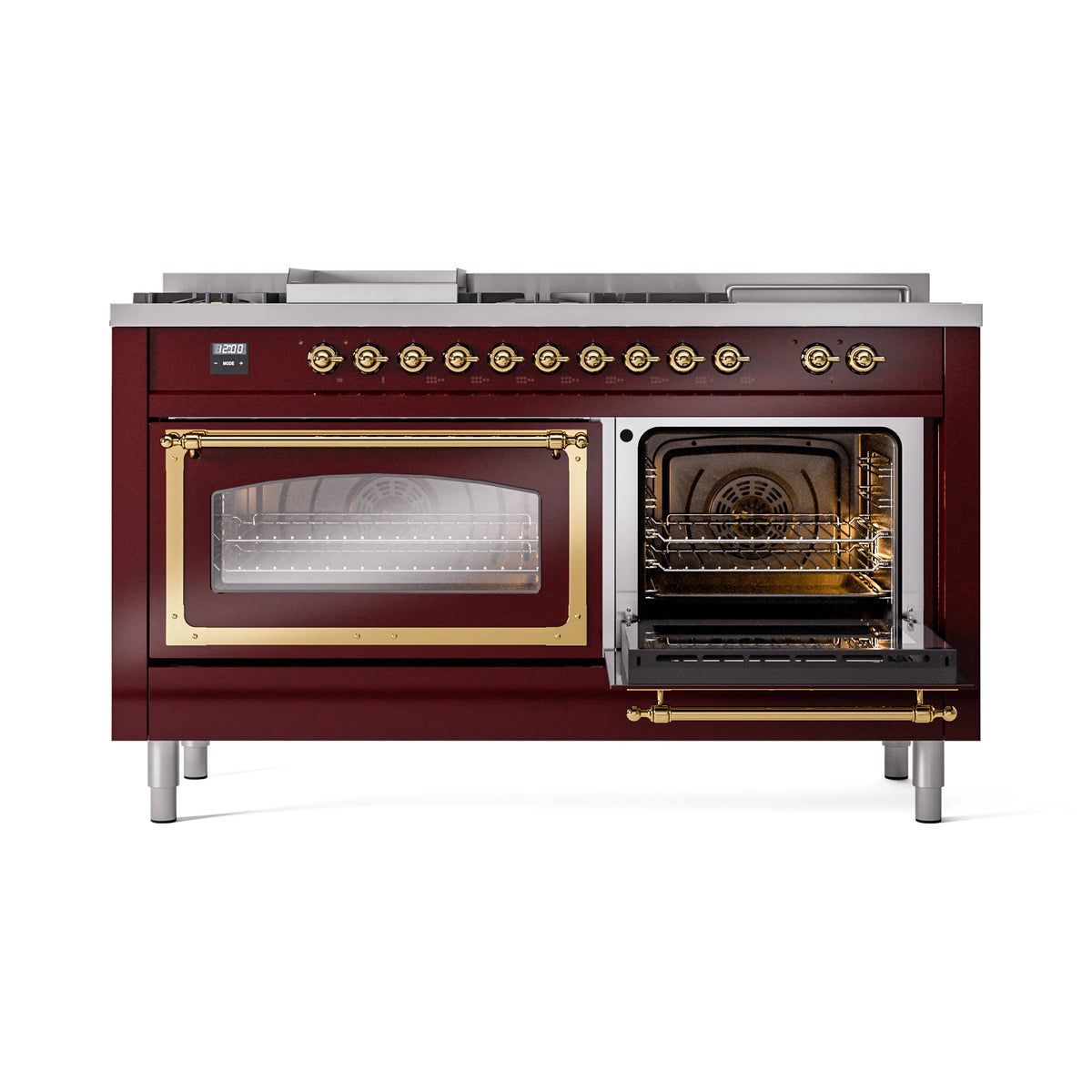 Burgundy dual-oven gas range with one oven door open and brass accents