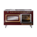 ILVE 60-Inch Nostalgie II Noblesse Natural Gas Dual Fuel Range with 7 Sealed Burners, Griddle, French Top and Triple Glass Door Oven in Burgundy with Brass Trim (UN60FSNMPBUG)