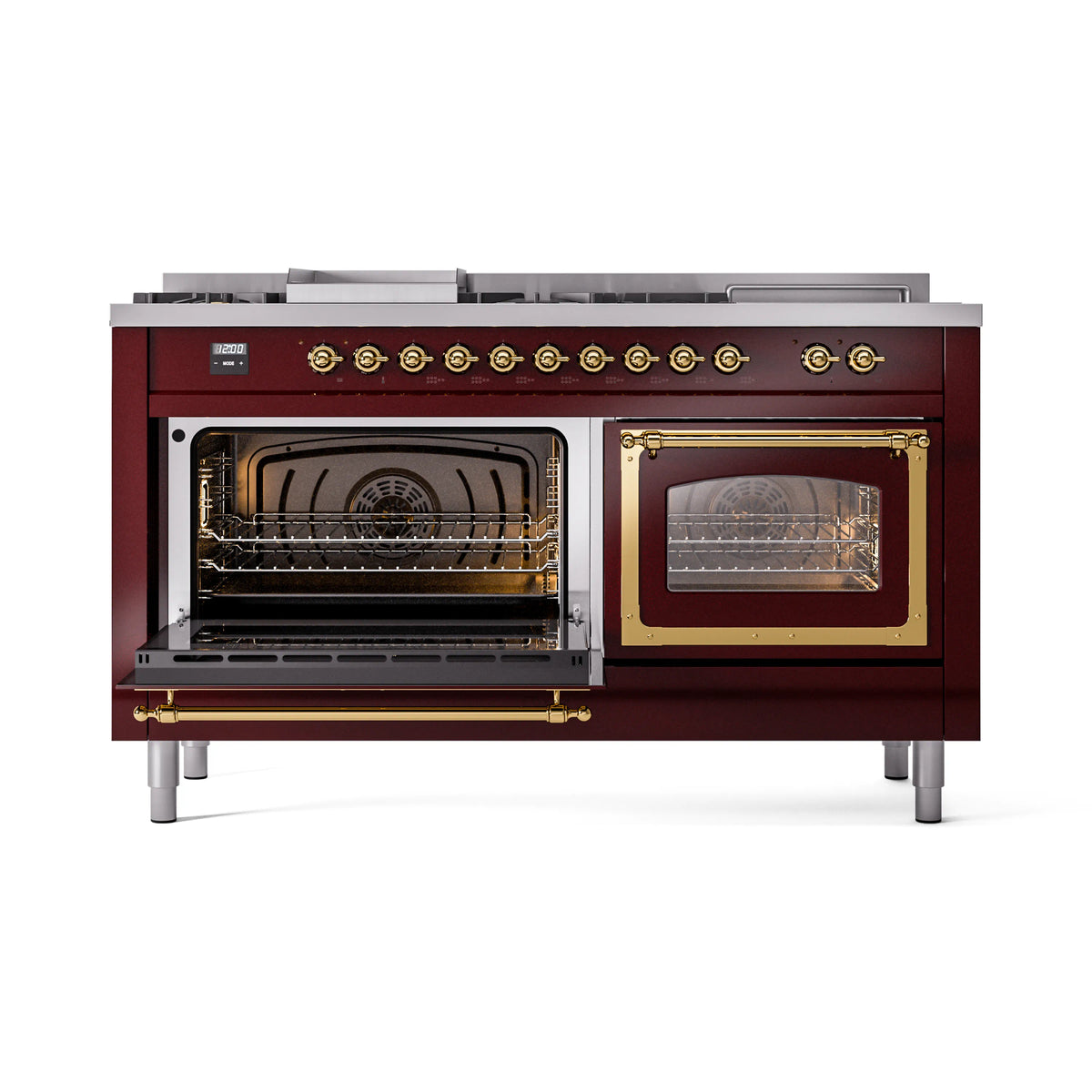 Burgundy dual-oven gas range with both oven doors open and brass-trimmed frame