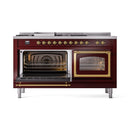 ILVE 60-Inch Nostalgie II Noblesse Natural Gas Dual Fuel Range with 7 Sealed Burners, Griddle, French Top and Triple Glass Door Oven in Burgundy with Brass Trim (UN60FSNMPBUG)