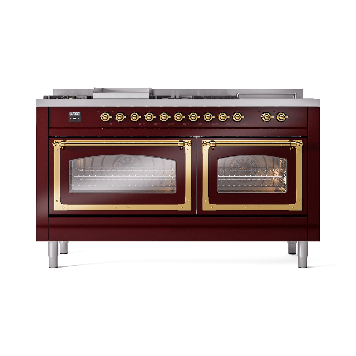 Burgundy dual-oven gas range front with two glass oven windows and brass trim