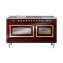 ILVE 60-Inch Nostalgie II Noblesse Natural Gas Dual Fuel Range with 7 Sealed Burners, Griddle, French Top and Triple Glass Door Oven in Burgundy with Brass Trim (UN60FSNMPBUG)