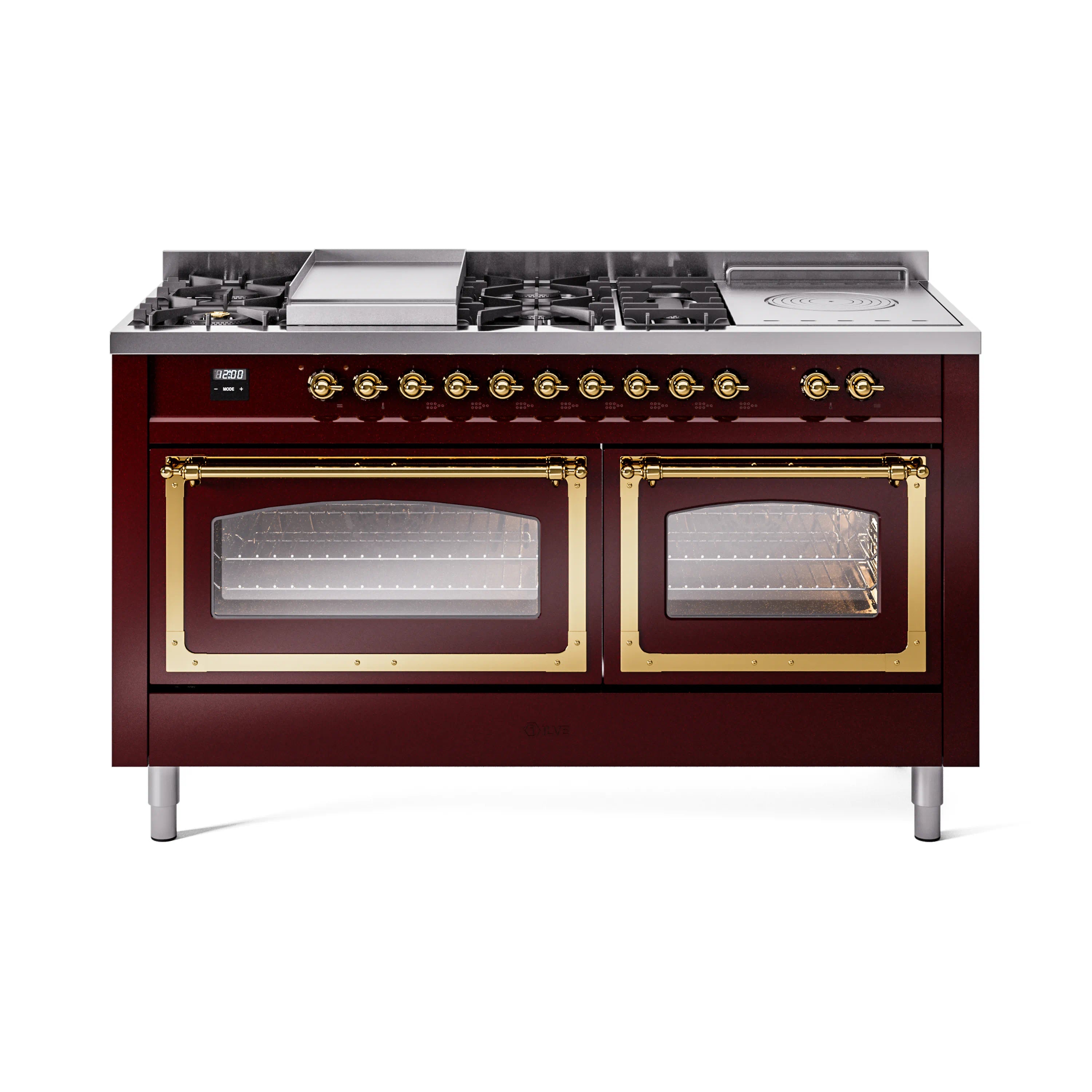 Burgundy dual-fuel range with brass-trimmed double oven doors and front control knobs