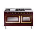 ILVE 60-Inch Nostalgie II Noblesse Natural Gas Dual Fuel Range with 7 Sealed Burners, Griddle, French Top and Triple Glass Door Oven in Burgundy with Brass Trim (UN60FSNMPBUG)