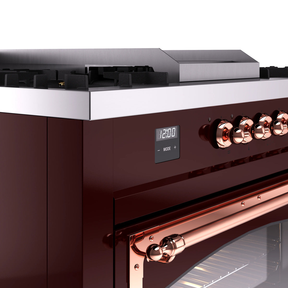 Burgundy range control display with copper knobs and stainless cooktop edge