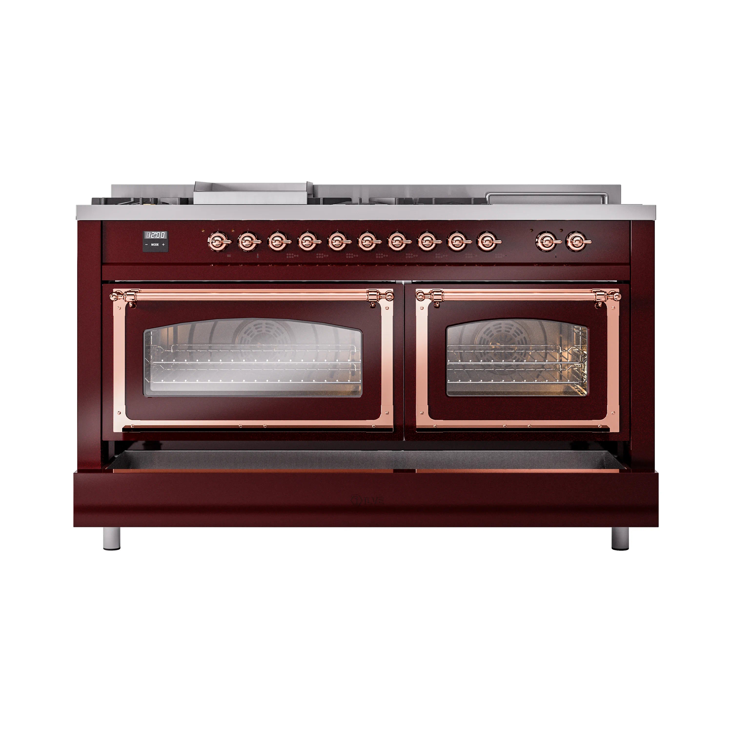 Burgundy dual oven range with copper-trimmed door frames and glass windows