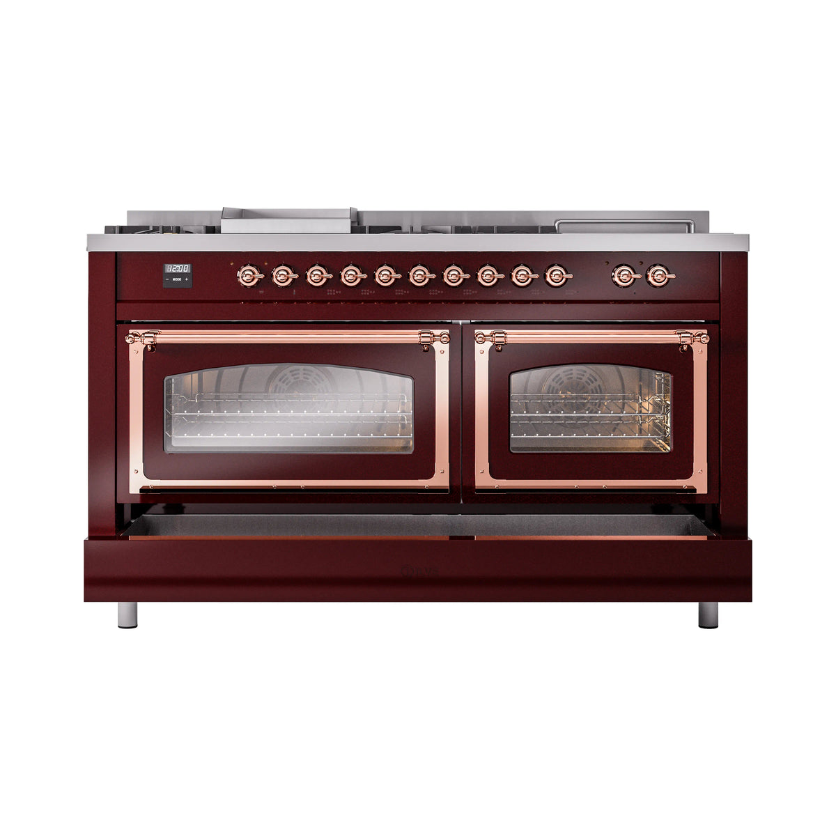 Burgundy dual fuel range showing double oven doors with glass and copper handle trim