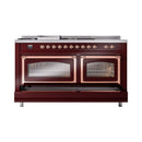 ILVE 60-Inch Nostalgie II Noblesse Natural Gas Dual Fuel Range with 7 Sealed Burners, Griddle, French Top and Triple Glass Door Oven in Burgundy with Copper Trim (UN60FSNMPBUP)