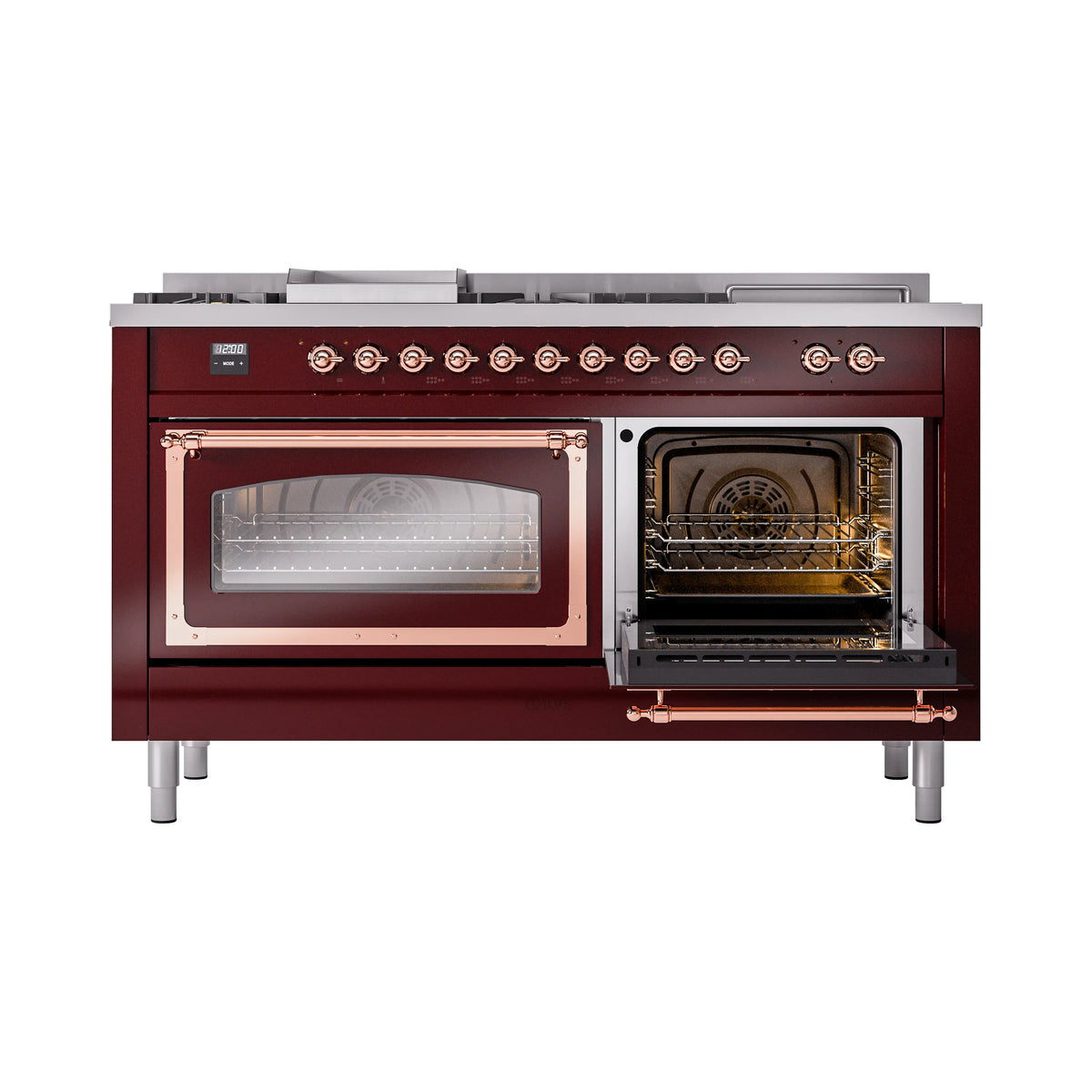 Burgundy range with oven door open, showing baking rack and empty oven chamber