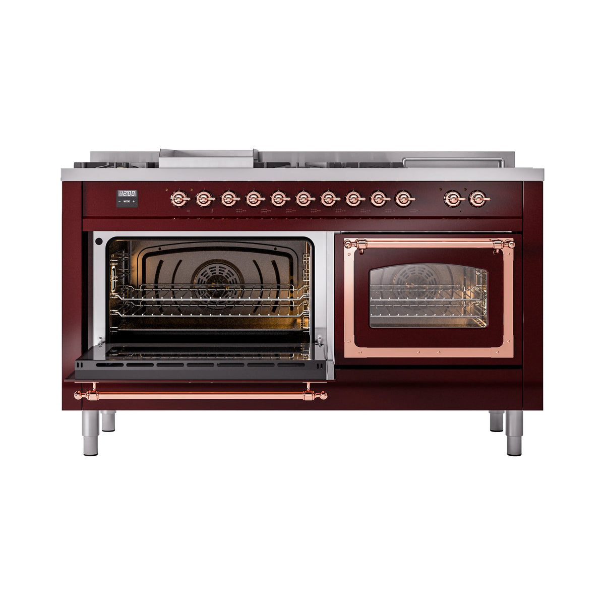 Burgundy range with oven door open, showing lit interior and side heating elements