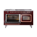 ILVE 60-Inch Nostalgie II Noblesse Propane Gas Dual Fuel Range with 7 Sealed Burners, Griddle, French Top and Triple Glass Door Oven in Burgundy with Copper Trim (UN60FSNMPBUPLP)