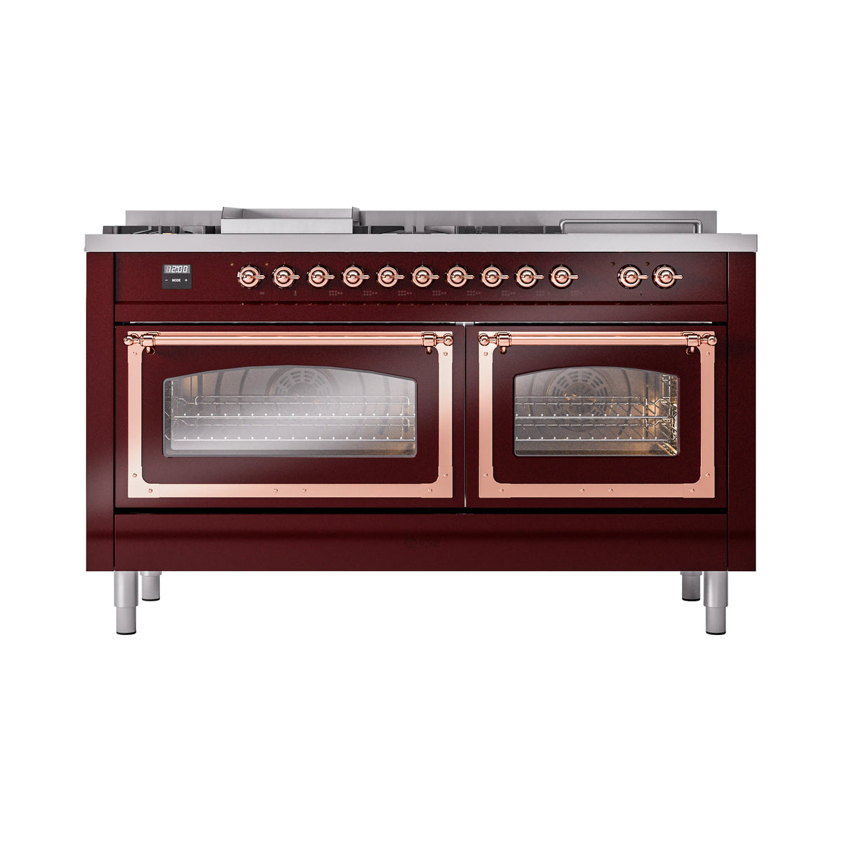 Burgundy dual fuel range front view with two glass oven doors and copper bar handles