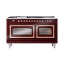 ILVE 60-Inch Nostalgie II Noblesse Natural Gas Dual Fuel Range with 7 Sealed Burners, Griddle, French Top and Triple Glass Door Oven in Burgundy with Copper Trim (UN60FSNMPBUP)
