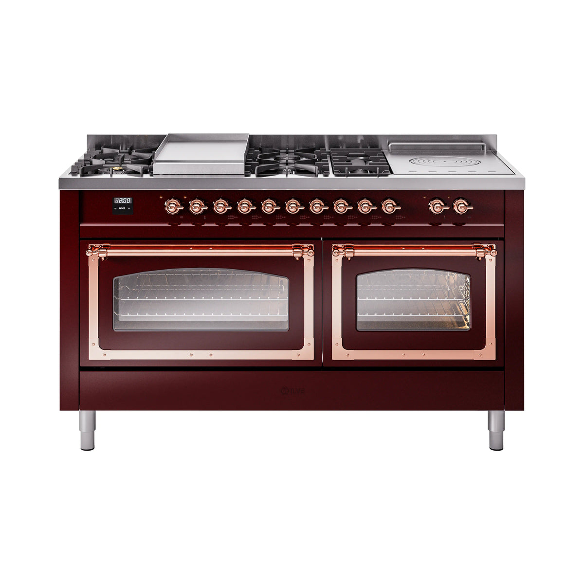 Burgundy dual fuel range with copper-trimmed control panel and two oven doors