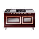 ILVE 60-Inch Nostalgie II Noblesse Propane Gas Dual Fuel Range with 7 Sealed Burners, Griddle, French Top and Triple Glass Door Oven in Burgundy with Copper Trim (UN60FSNMPBUPLP)