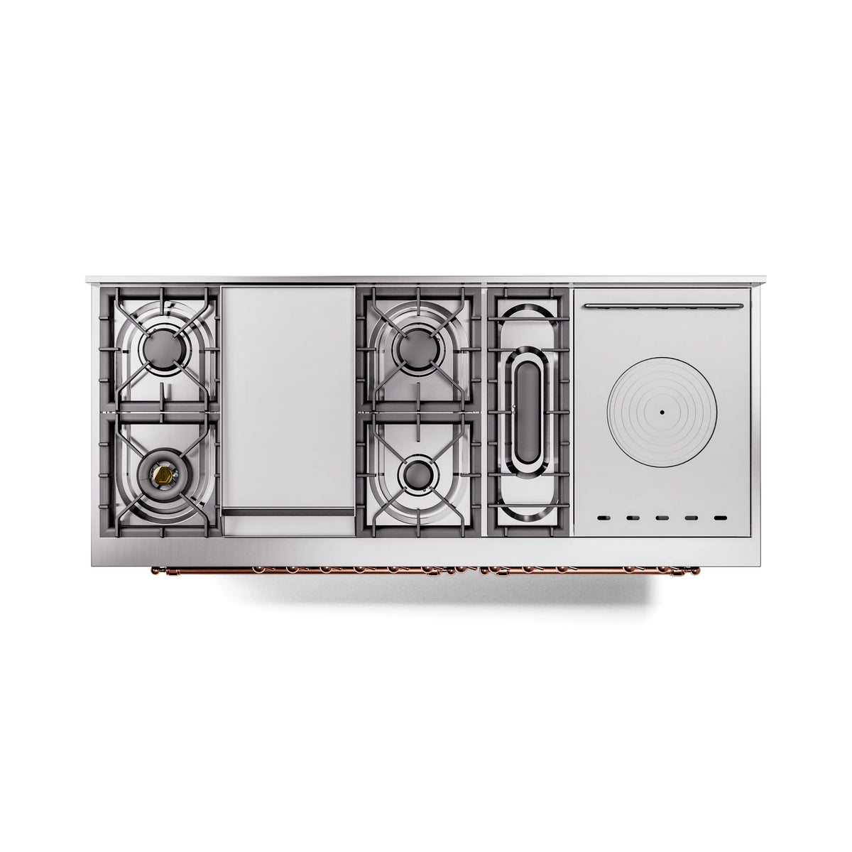 Open-frame view of gas range burners and oven cavity with copper fittings