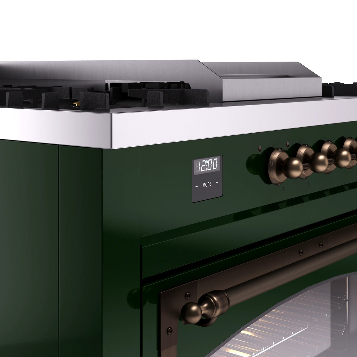 Emerald green range control panel with digital display and bronze oven handle
