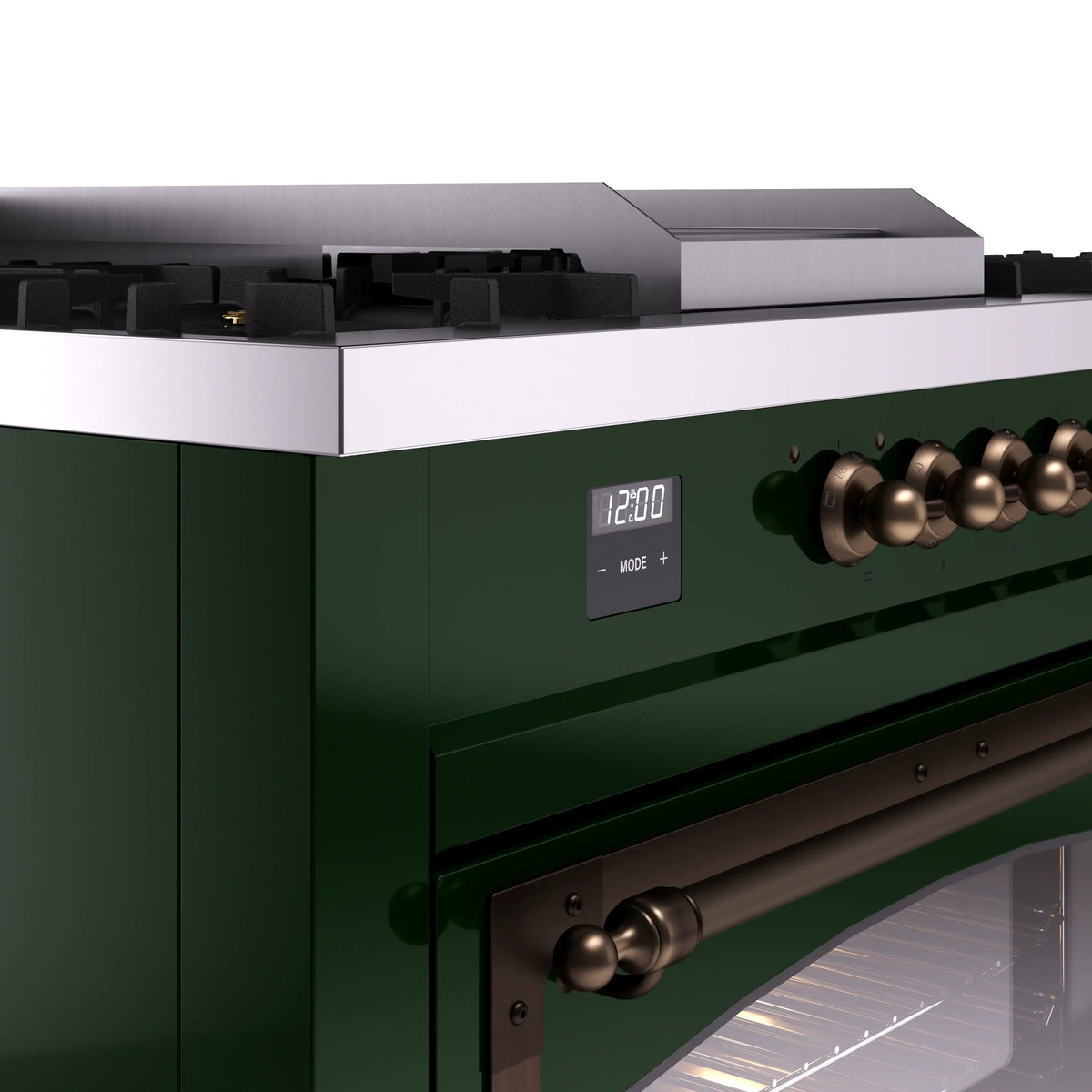 Emerald green range control panel with bronze knobs and digital display.