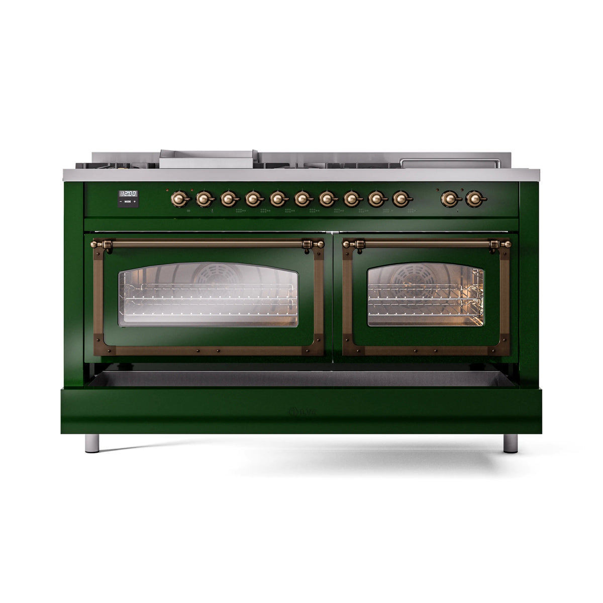 Emerald green range with bronze knobs and two glass-front oven doors