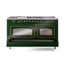 ILVE 60-Inch Nostalgie II Noblesse Natural Gas Dual Fuel Range with 7 Sealed Burners, Griddle, French Top, and Triple Glass Door Oven in Emerald Green with Bronze Trim (UN60FSNMPEGB)