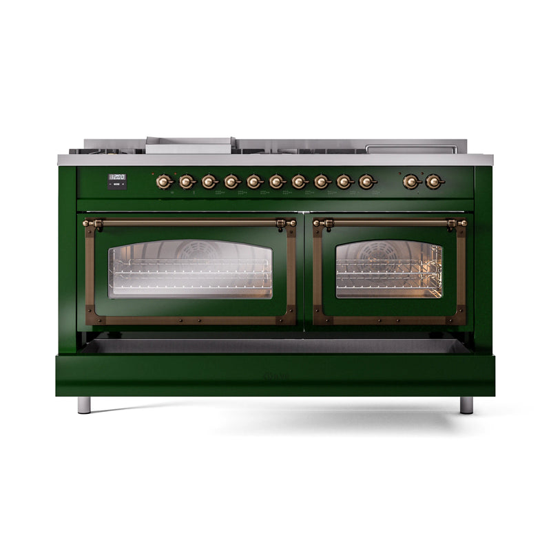 ILVE 60-Inch Nostalgie II Noblesse Dual Fuel Range with 7 Sealed Burners, Griddle, French Top, and Triple Glass Door Oven in Emerald Green with Bronze Trim (UN60FSNMPEGB)