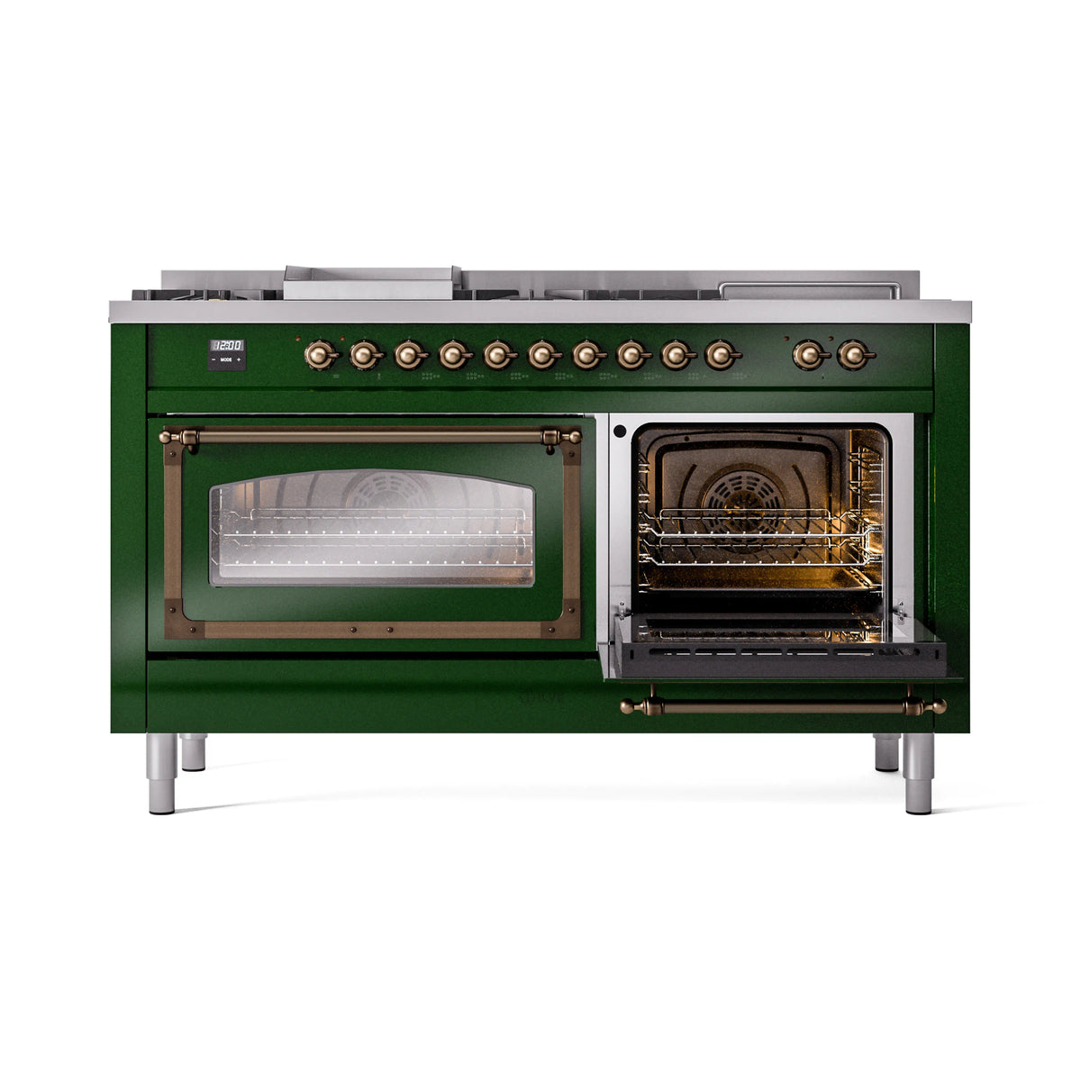 Emerald green range with bronze knobs and both oven doors open